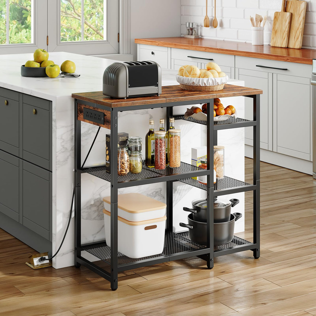 HOOBRO Kitchen Baker's Rack, Coffee Bar Stand with Charging Station, Microwave Stand, 4-Tier Small Kitchen Shelf Rack for Kitchen, Living Room, Rustic Brown and Black BF35UHB01 HOOBRO