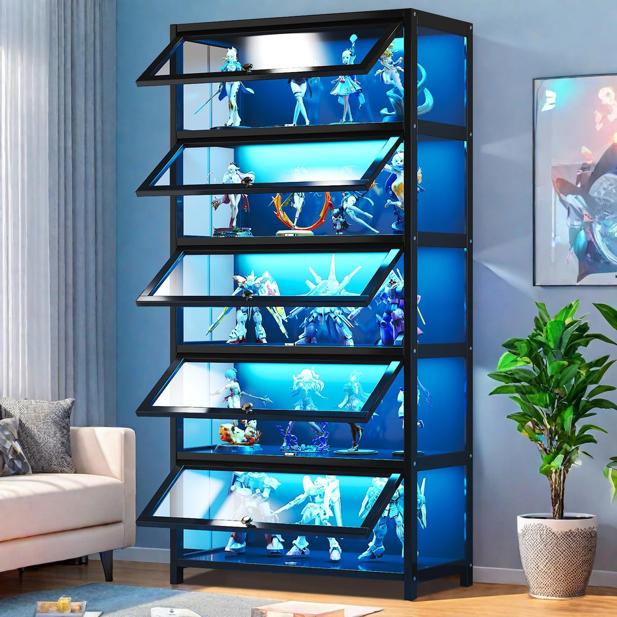 HAOWANJP Curio Display Cabinet 5-Tier Storage Shelves with Acrylic Door, Collectibles Toy Organizers Rack & Display Shelf, Kids Bookshelf and Bookcase for Playroom, Bedroom (Black-1) HAOWANJP