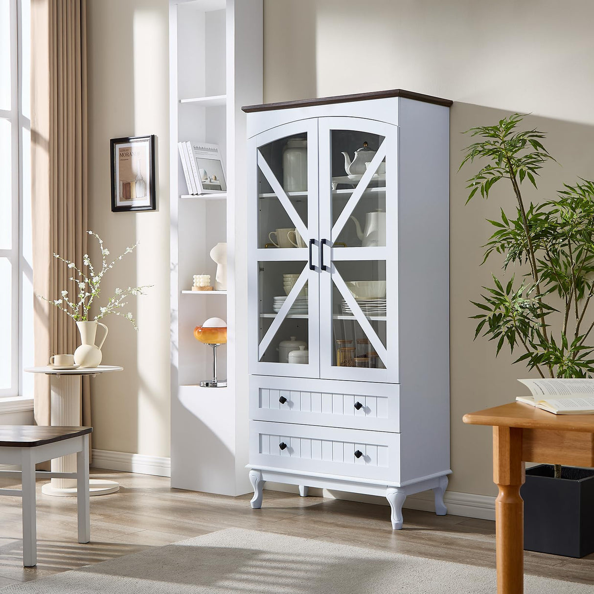 72" Tall Bookcase Set of 2 with Glass Doors, Farmhouse 3Tier Book Shelf with 2 Drawer, Arc Wood Bookshelf with Storage Cabinet, Freestanding Display Bookshelves, China Cabinet for Living Room, Office FFBCFDK