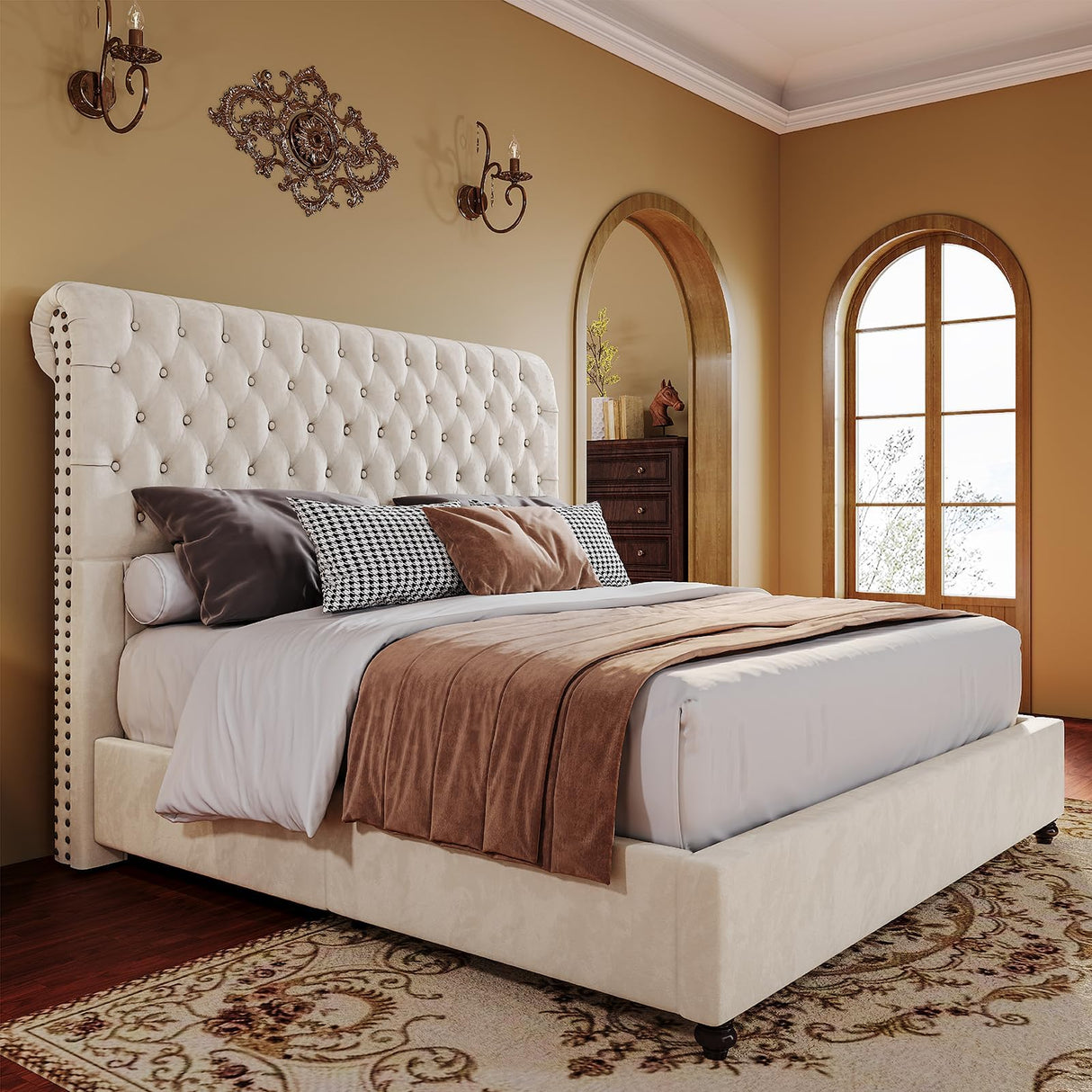 PaPaJet King Bed Frame Upholstered Platform Bed Frame with 52.8'' Tall Sleigh Headboard, Button Tufted, No Box Spring Needed, Easy Assembly, Cream PaPaJet