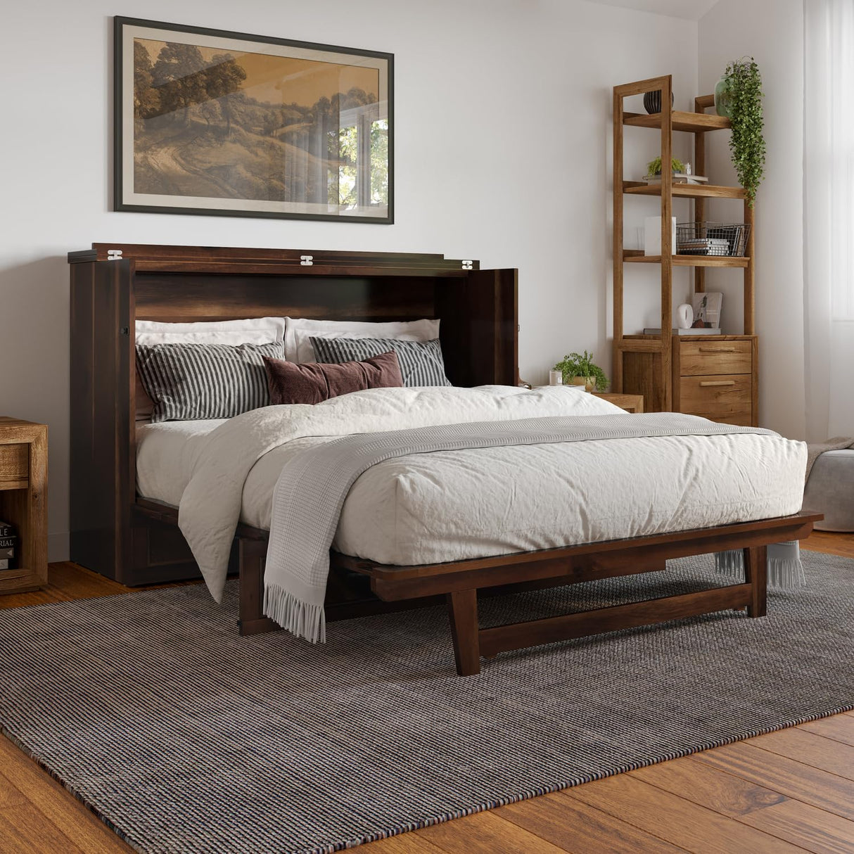 AFI, Alpine Queen Wood Murphy Bed Chest with 6" Mattress, Storage Drawer & Built-in USB Charger, Barnwood AFI