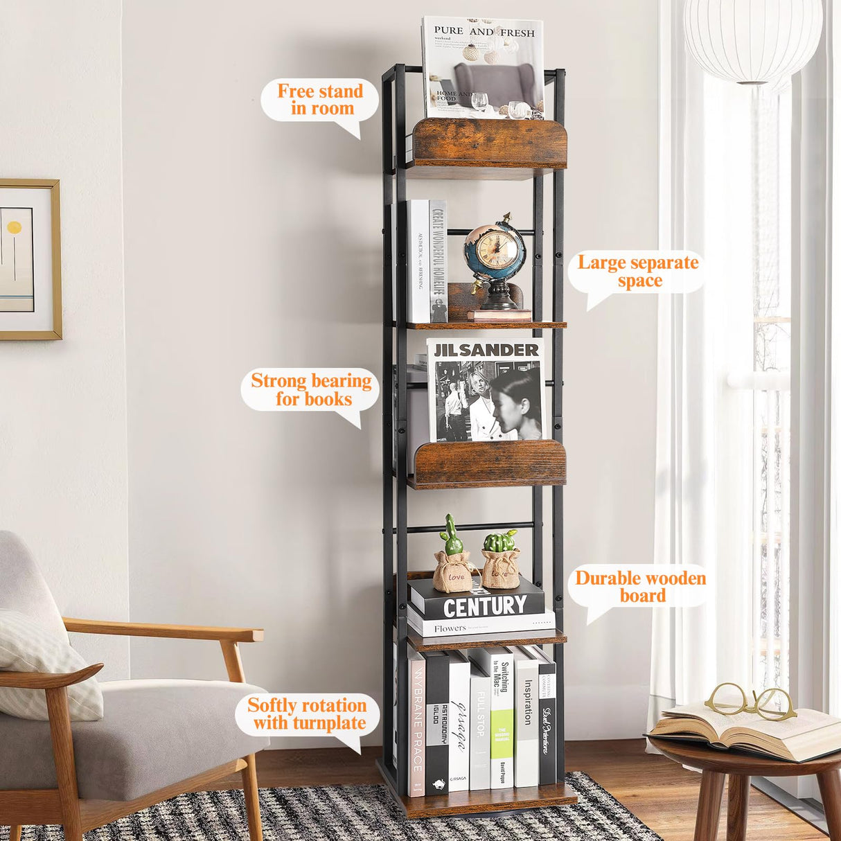 Bikoney 5-Tier Rotating Corner Bookshelf - Tall Industrial Black Wood & Metal Bookcase Bikoney
