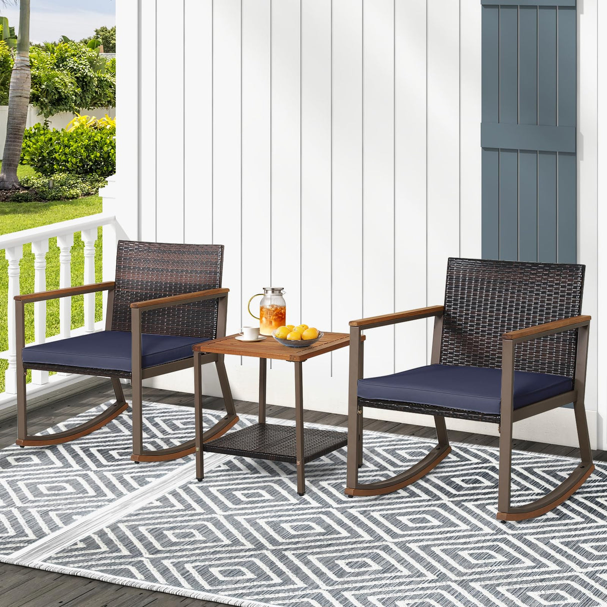 Tangkula 3 Pieces Rocking Bistro Set, Outdoor Rocker Chair with Coffee Table & Cushions, Patio Rattan Furniture Conversation Set for Balcony Porch Poolside (Navy) Tangkula