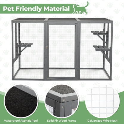 COZIVVOVV Outdoor Cat Enclosures, Weatherproof Catio for Cats, Large Cat Cage with 3 Platforms and Litter Box, Wooden Cat Crates for Indoor Cats & Cat House, Grey