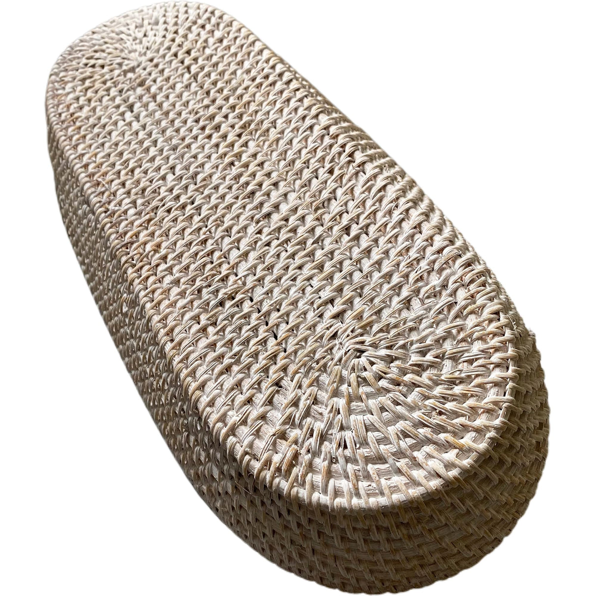 i-lan 17 Inch Long Narrow Oval Serving Basket, Boho Handmade Rattan Bowl Basket with 2 Inch Side,Decorative Loaf,Bread,Rolls,Fruit,Snack Flat Basket Wicker Tray for Serving, Wash White i-lan