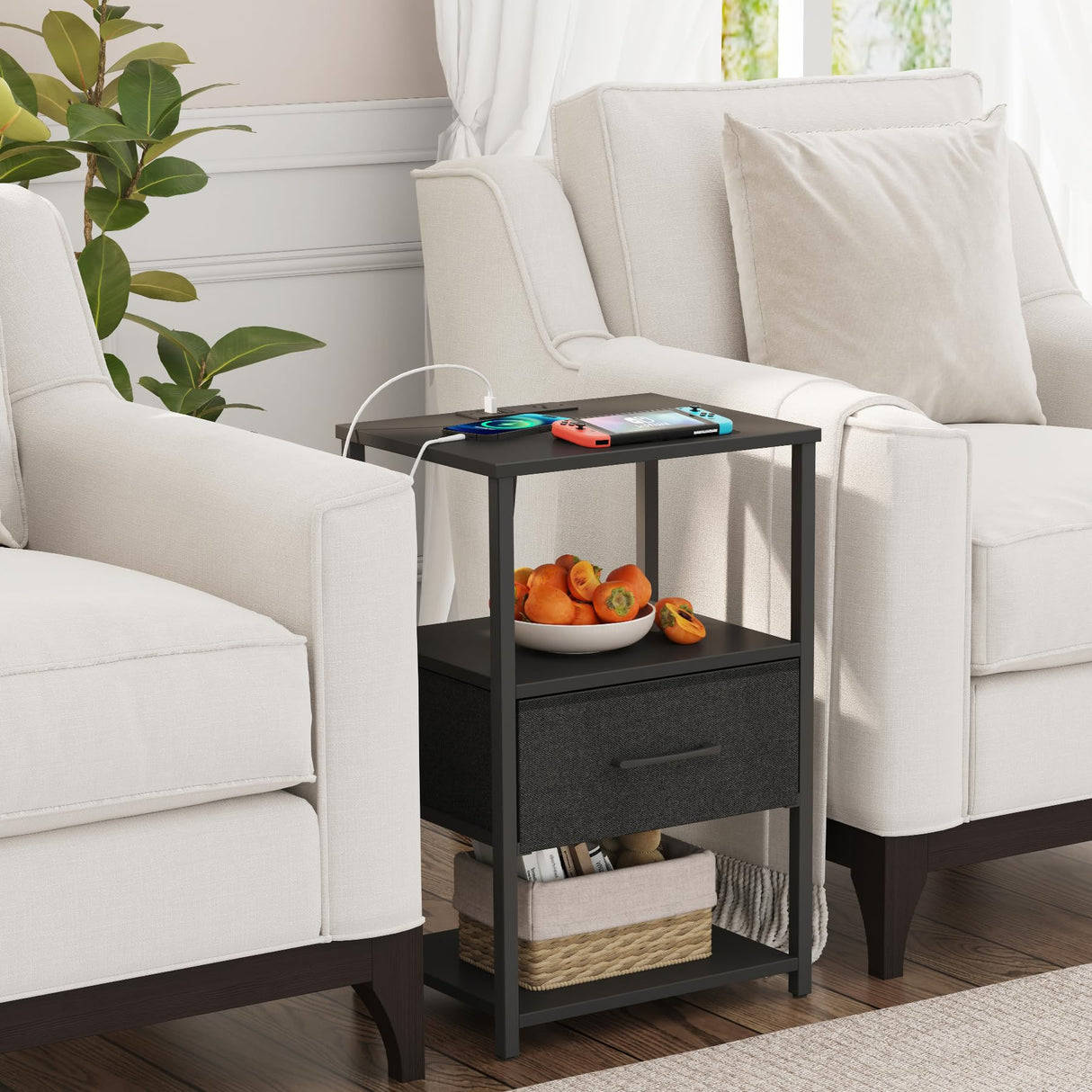 TUTOTAK End Table, Side Table with Charging Station, Nightstand Set of 2, Bedside Table with Fabric Drawer, Couch Table for Livingroom and Bedroom, Black TB01BK0692 TUTOTAK