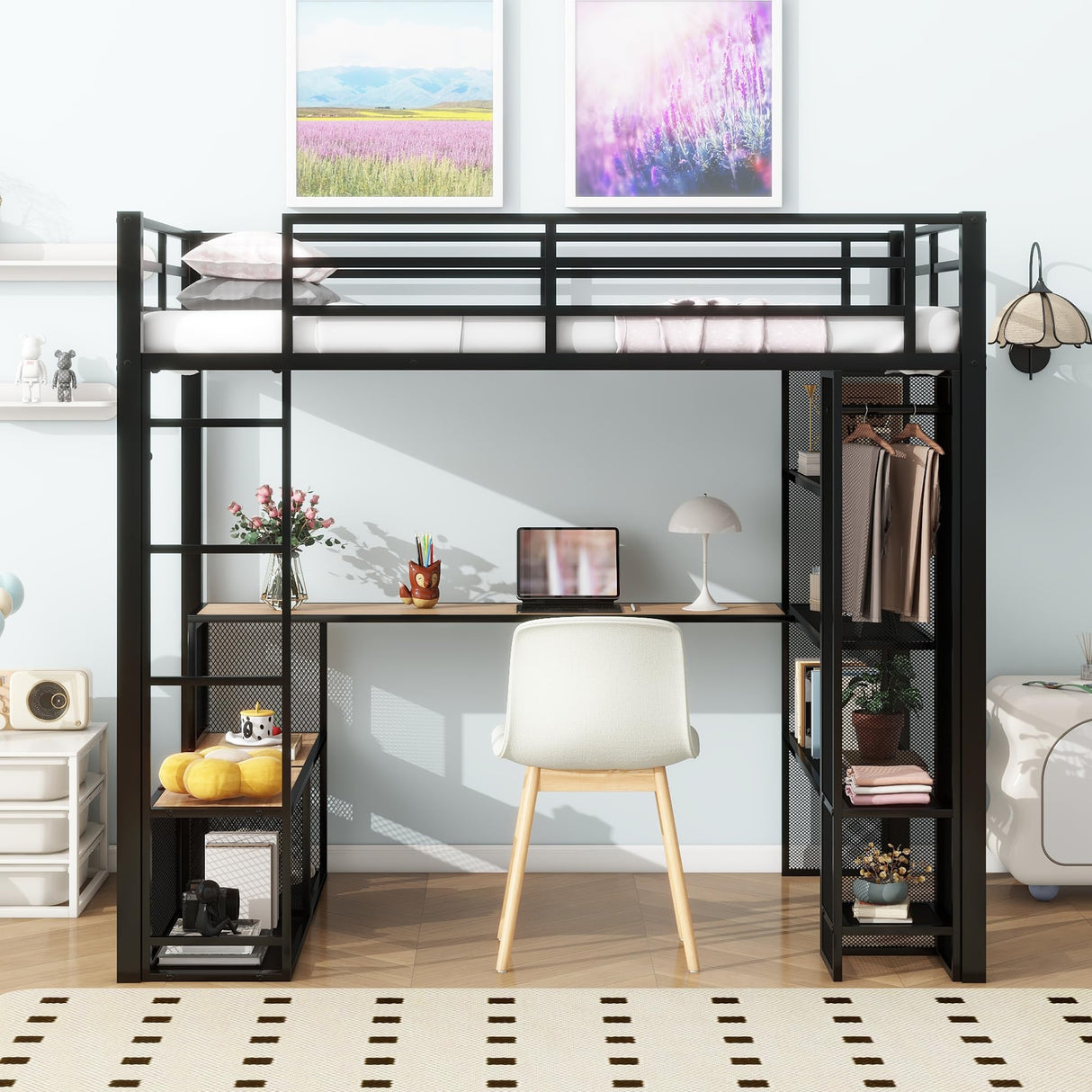 Harper & Bright Designs Full Size Loft Bed with Storage Shelve, Metal Full Loft Bed with Desk & Open Wardrobe, 12.8" H Safety Guardrail, No Box Spring Needed, Black Harper & Bright Designs