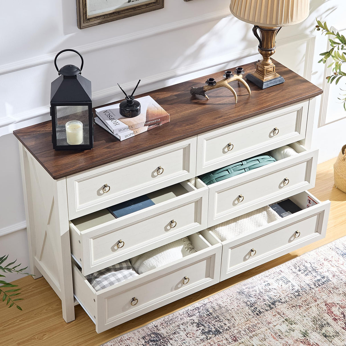 OKYCI Farmhouse Dresser Set for Bedroom,Includes Tall 5 Drawer Dressers & Double 6 Drawer Dresser, Antique White OKYCI