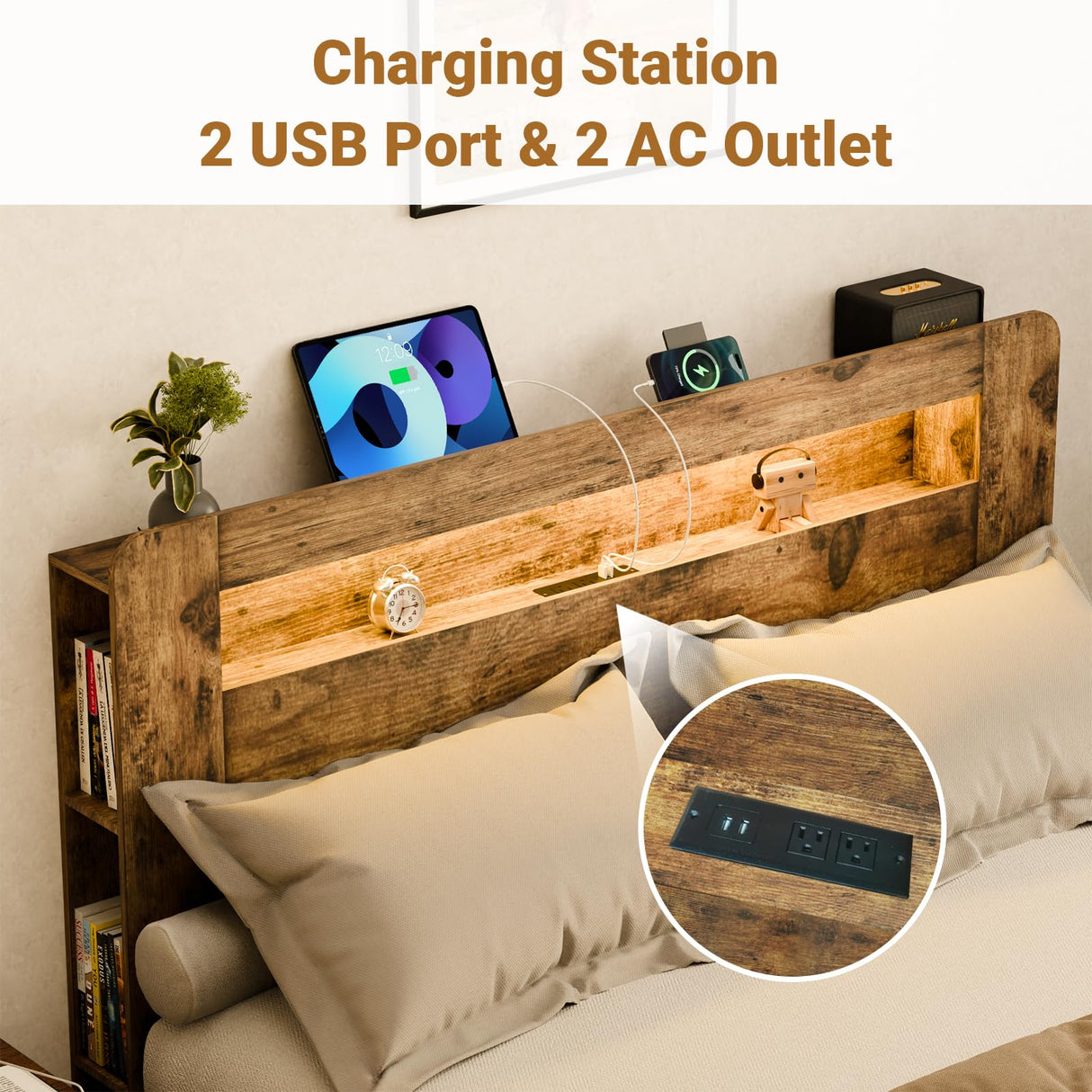 Zevemomo Queen Size Bed Frame with Charging Station, LED Lights & Noise-Free Design in Rustic Brown Zevemomo