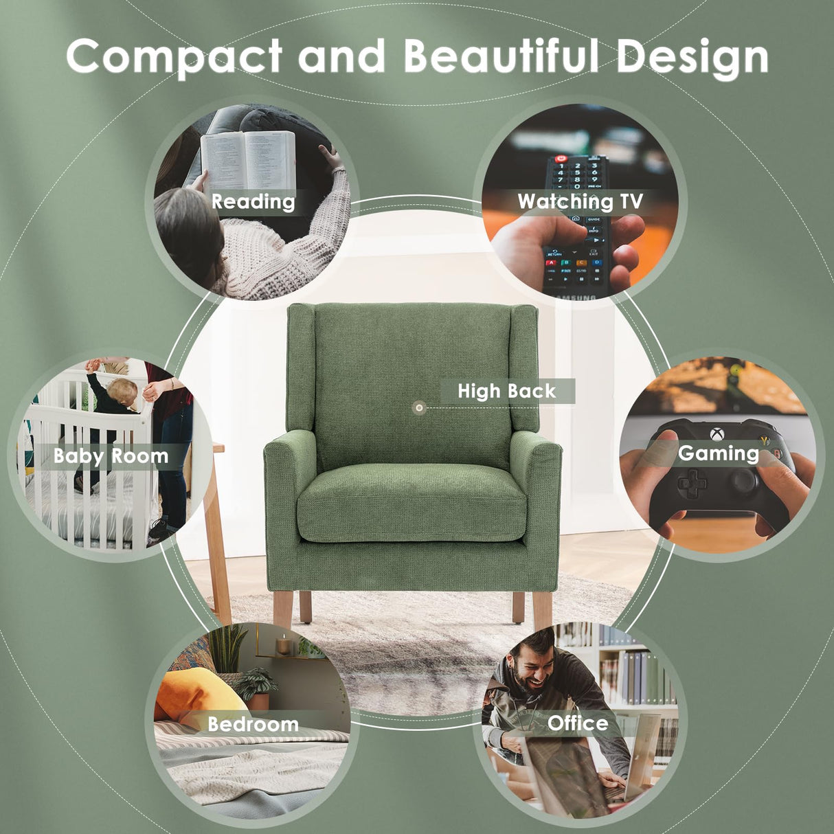 COLAMY Modern Wingback Living Room Chair, Upholstered Fabric Accent Armchair, Single Sofa Chair with Lounge Seat and Wood Legs for Bedroom/Office/Reading Spaces, Green COLAMY