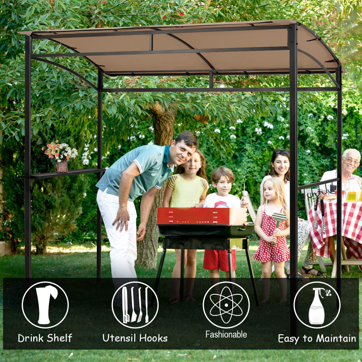 Tangkula 7ft Grill Gazebo, Patio Barbecue Canopy with Serving Shelf and Storage Hooks, Curved Grill Shelter w/Heavy-Duty Steel Frame Sunshade Gazebo for Outdoor Garden (Coffee) Tangkula