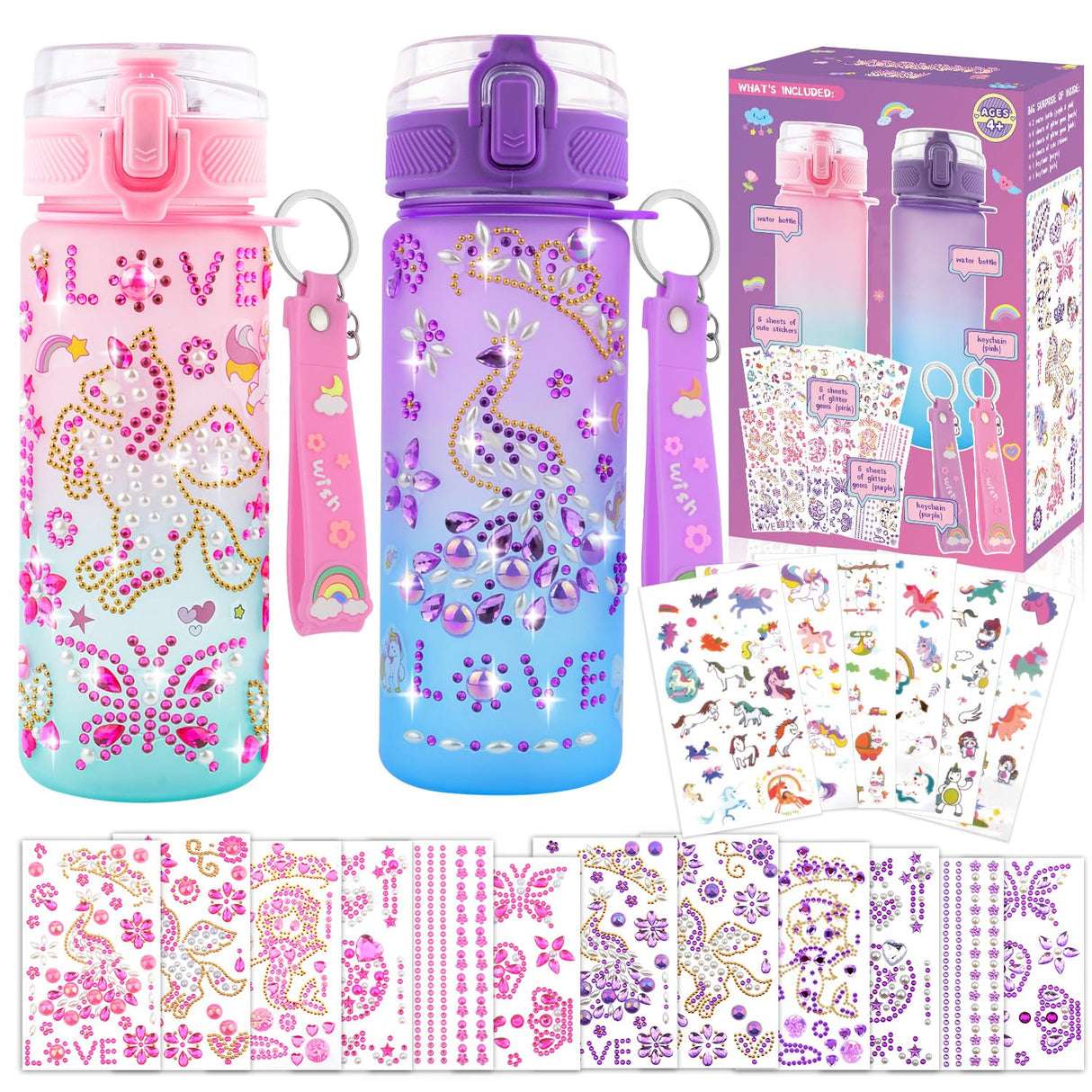 TOUPONS Decorate Your Own Water Bottle Kits Gifts for Girls Ages 4-6-8, DIY Mermaid Unicorn Water Bottle, Fun Kids Arts & Crafts Sticker Toys - 4 5 6 7 8 Year Old Girls Birthday Easter Gifts, 2-Pack TOUPONS