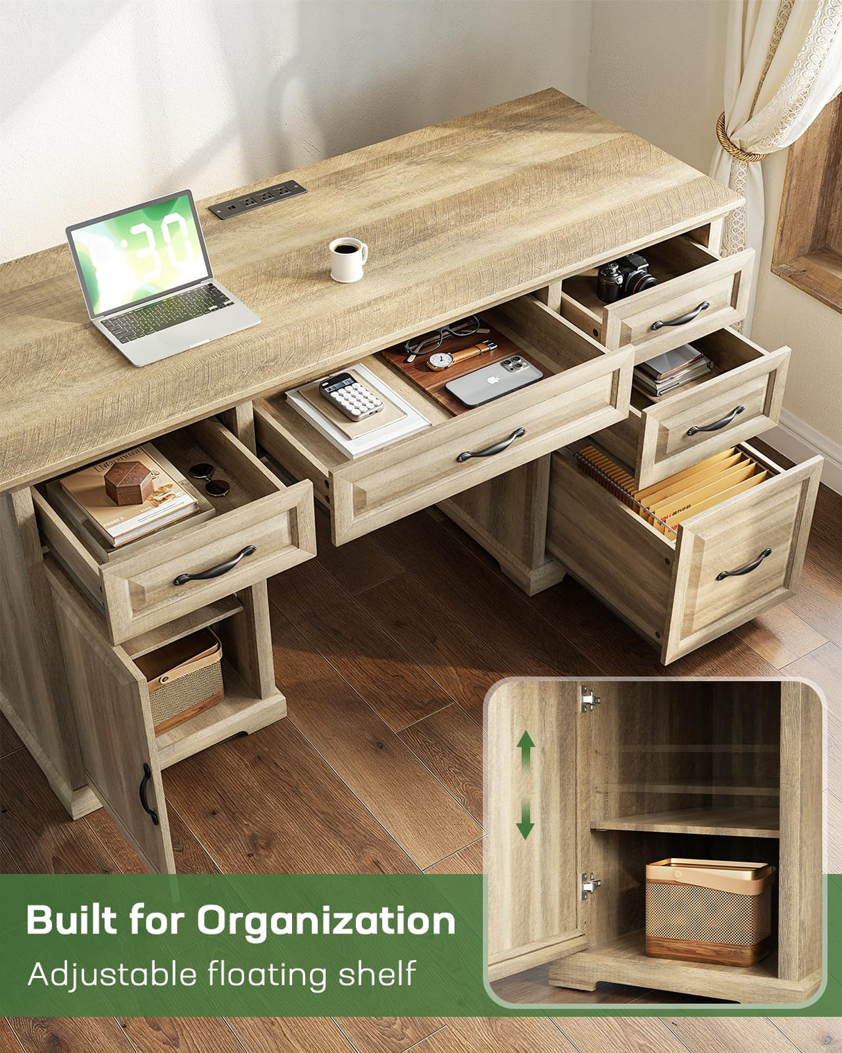 Marsail 60″ Farmhouse Executive Desk, Home Office Desk with Storage Cabinet, Charging Station, Adjustable Shelf, and File Drawer, Rustic Computer Writing Desk for Work & Study, Natural Marsail