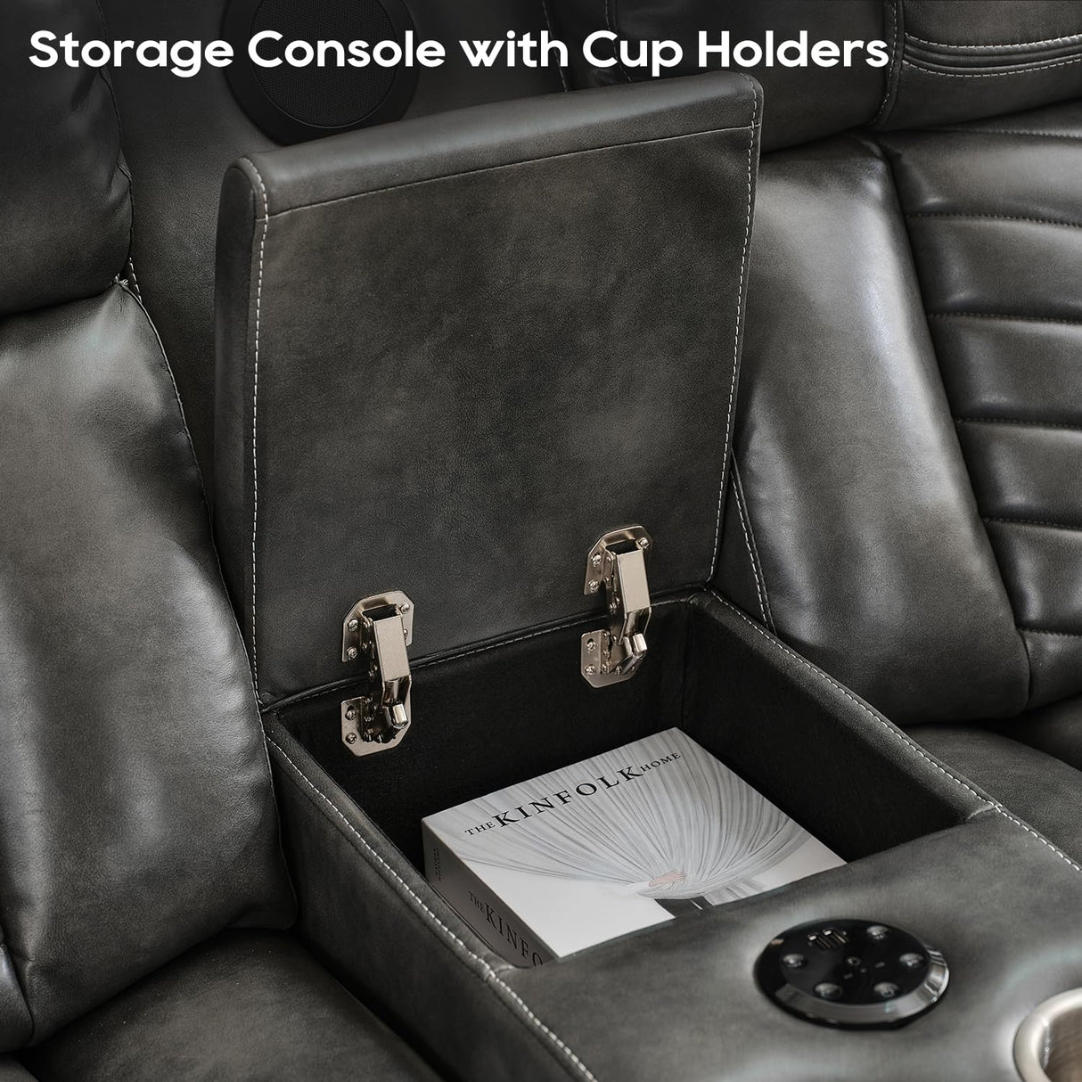 Manual Recliner Sofa Set with Wireless Charger for Living Room, Leather 3 Seater Reclining Sofa and Loveseat Seating Couch with Bass Speakers, LED Lights,Home Theater Love seat Sets with Console, Grey Comfort Stretch