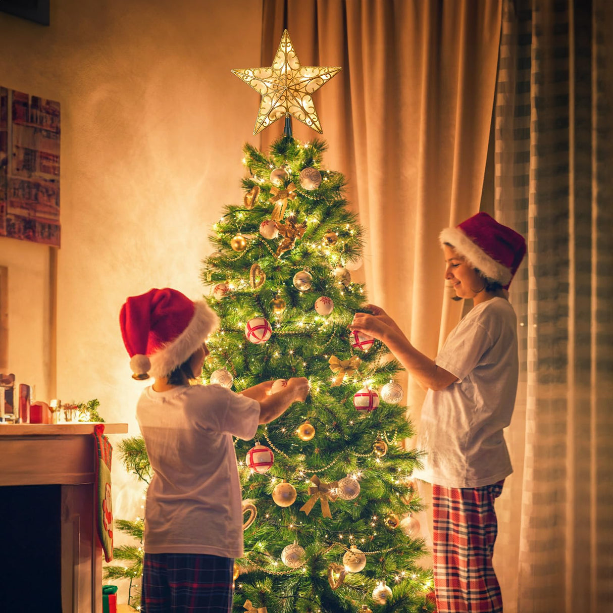 Christmas Star Tree Topper, 9.5 in Plug in Golden Glittered 3D Star Tree Topper, Metal Hollow Designed Built-in 10 Bulbs String Lights for Indoor Office Christmas New Year Holiday Tree Decoration Brightown