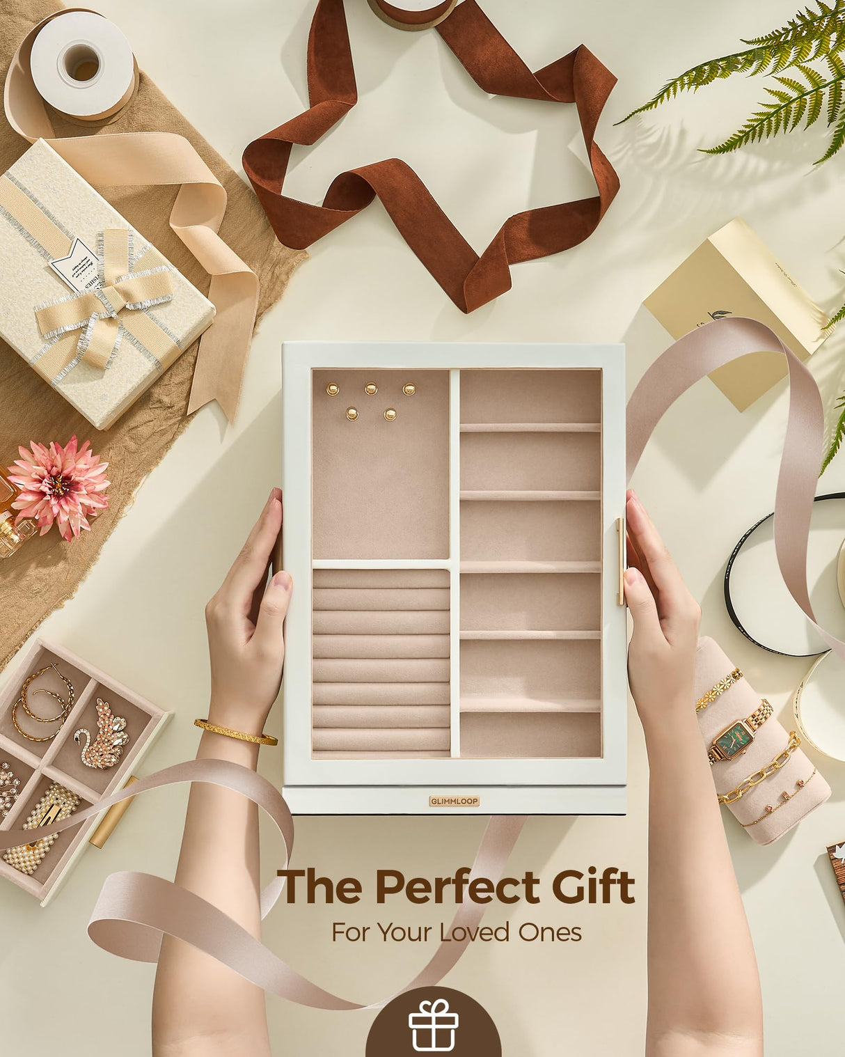 Glimmloop 360° Rotating Jewelry Box with 7 Drawers, Spacious Vertical Jewelry Organizer with Glass Window, Jewelry Storage Case, Dustproof & Moisture-resistant Design, White Glimmloop