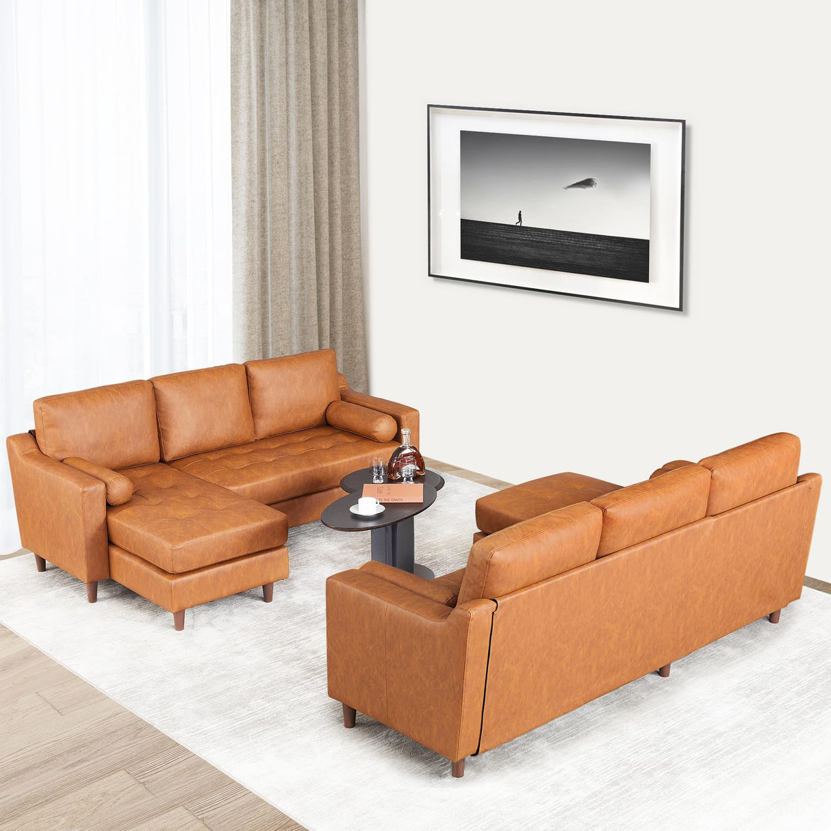 GarveeHome 88.9 in Leather L-Shape Sofa with Convertible Chaise, Modern Mid-Century Sofa for Living Room, 3 Seat Comfy Leather Couch with Deep Seat, Cognac Tan GarveeHome