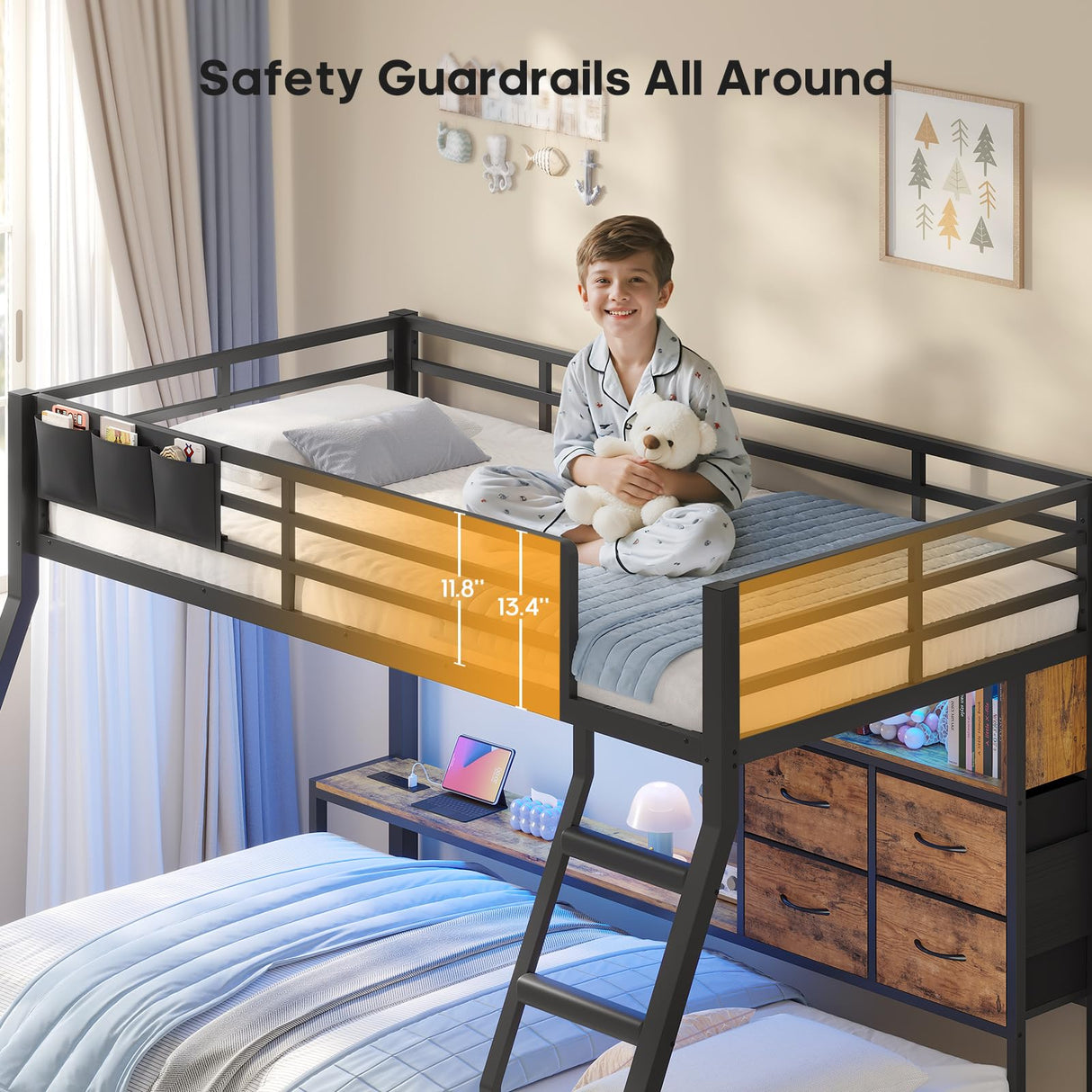 BTHFST Bunk Bed Twin Over Twin with 4 Storage Drawers & Shelves & Bedside Caddy, Twin Bunk Beds with Led Lights & Charging Station, Metal Bunk Bed with Angled Ladder & Safety Guardrail, Rustic Brown BTHFST