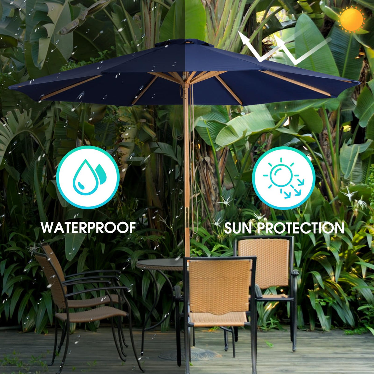 CASUNER 9FT Bamboo Table Umbrella Patio Outdoor Umbrella Market Round Umbrella with Pulley Lift Windproof & Waterproof, 8 Ribs with Polyester Cover for Garden, Deck, Pool, lawn, Backyard (NAVY) CASUNER