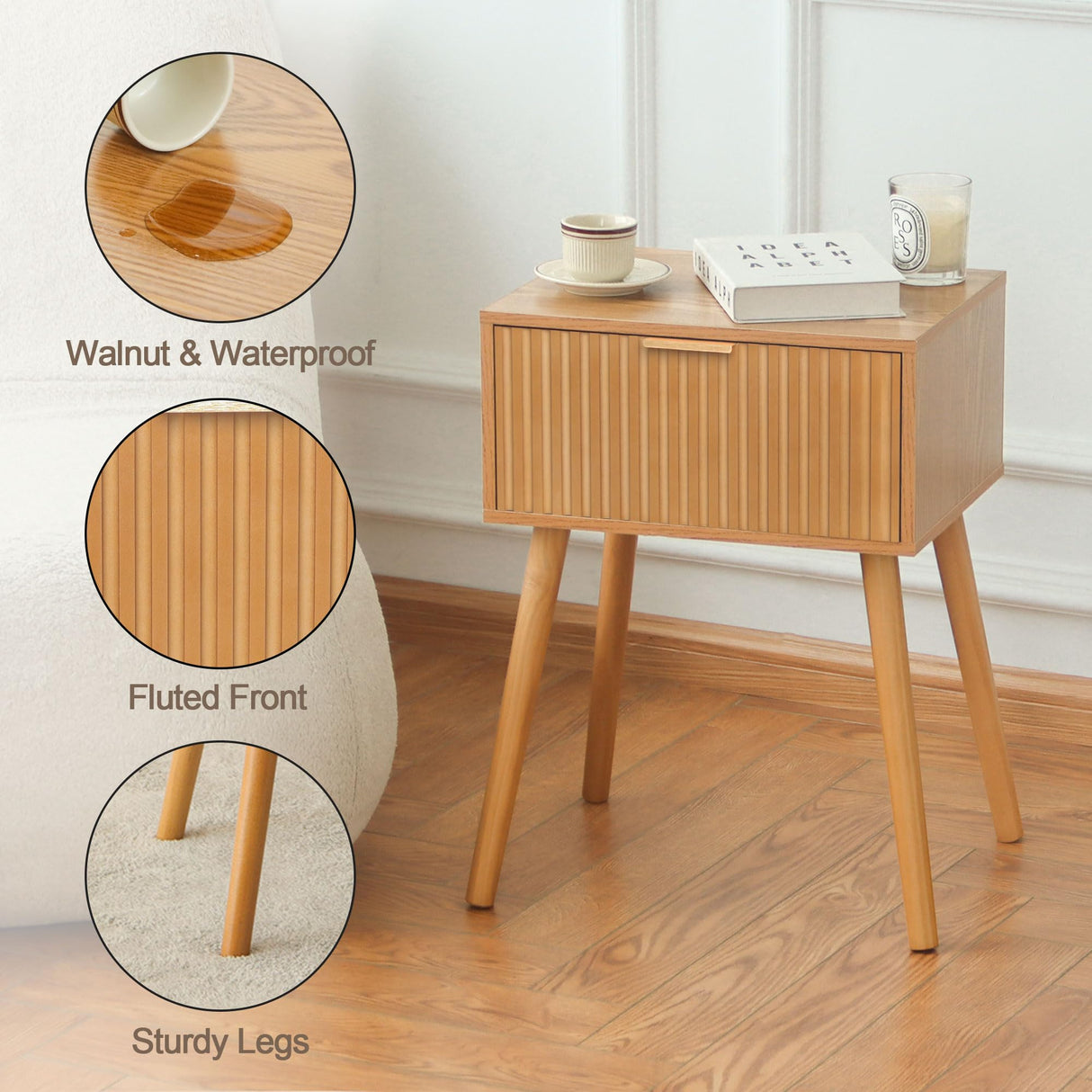 Fluted Nightstand, Small Bedside Table with Storage Drawer, Accent End Table Living Room for Bedroom and Small Space, Brown AWASEN