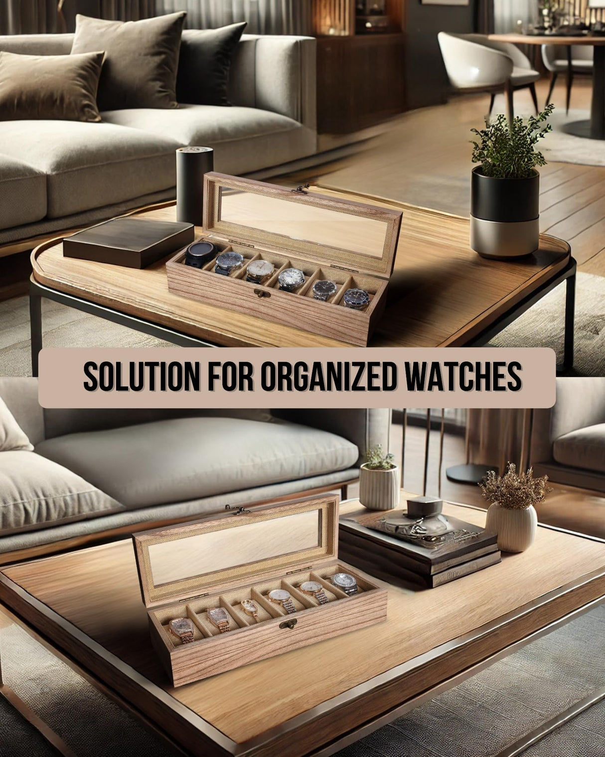 Exper City Watch Box, Watch Case for Men Women with Large Glass Lid, Wooden Watch Display Storage Box with 6 - Slots, Weathered Wood Mens Watch Box Organizer Exper City