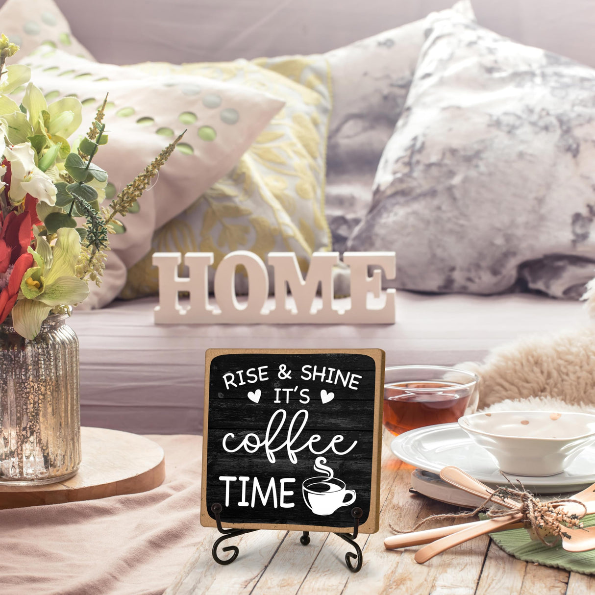 Farmhouse Coffee Bar Sign, Rise & Shine It's Coffee Time, 5"x5" Wood Plaque with Stand Gift for Home Kitchen Tabletop Decor -B09 YQV