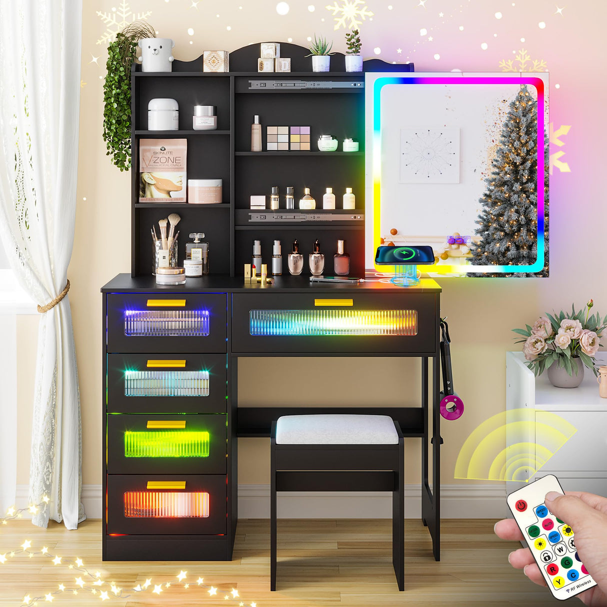 FOMNEY RGB LED Vanity Desk with Mirror and Lights, Makeup Vanity Desk with 3-in-1 Charging Station, Vanity Set with Stools&Sliding Mirror, Make UP Table with 5 Drawers (Black) FOMNEY