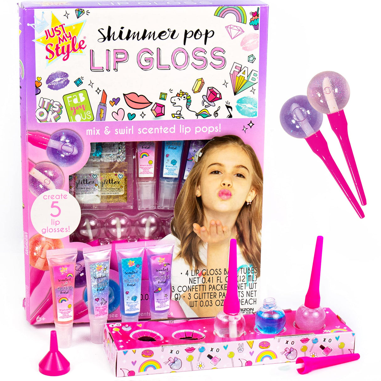 Just My Style Shimmer Pop Lip Gloss, Create 5 Lollipop-Shaped Lip Glosses, Includes Funnel, Empty Lip Gloss Containers, Sweet Lip Gloss Base, Body Glitter & More, DIY Lip Gloss, Multi (208316J) Just My Style