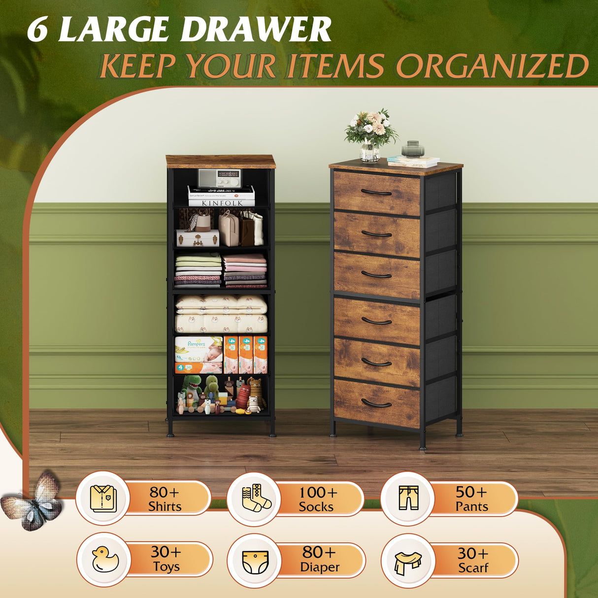 WLIVE Tall Dresser for Bedroom, 6 Drawer Dressers & Chests of Drawers, Fabric Dresser for Closet, Night Stand with Metal Frame, Storage Tower with Fabric Bins, Wood Top, Rustic Brown Wood Grain Print WLIVE