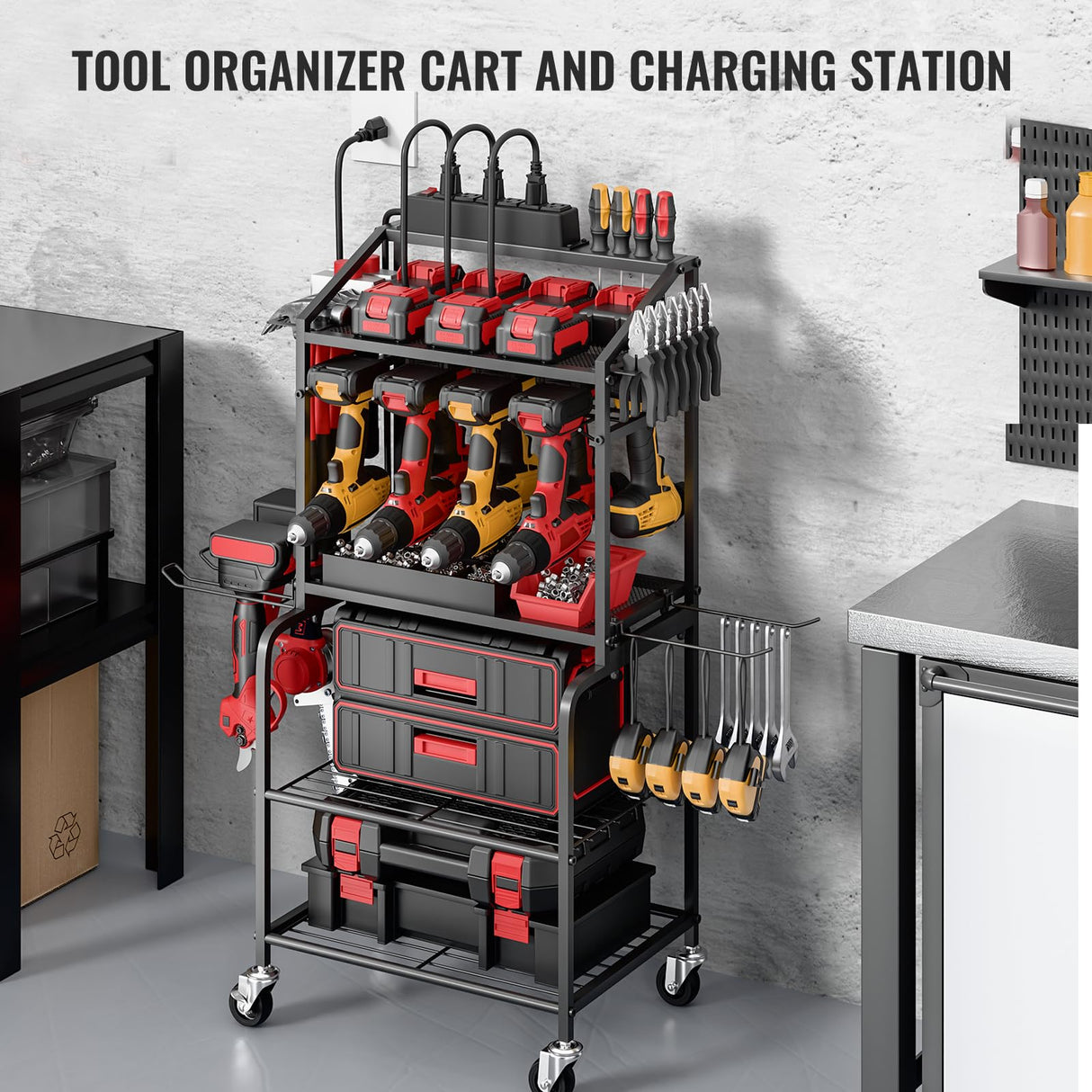 Power Tool Organizer Cart with Charging Station, Garage Floor Standing Rolling Drill and Tools Battery Storage Cart on Wheels, Rolling Tool Cart with 6 Outlet Power Strip FULOOPHI