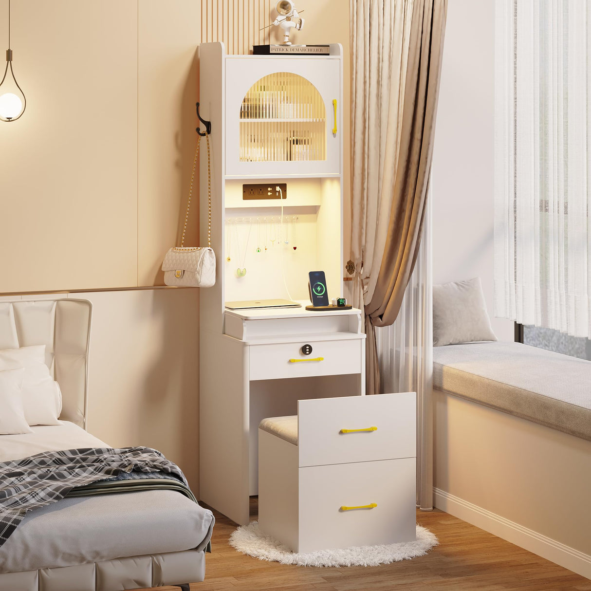 Small Vanity Desk with Mirror and Lights, Makeup Vanity Table with Drawers for Small Space, Compact Mini Corner Vanity Set Dressing Table - Charging Station & Human Motion Sensing for Bedroom (White) HWB