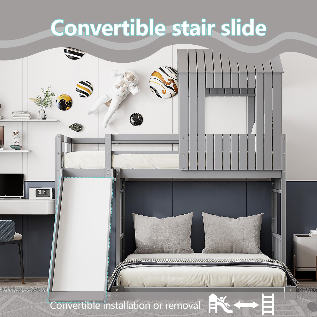 Harper & Bright Designs House Floor Bunk Beds with Slide, Wooden Twin Over Full Bunk Beds with Slide, Roof and Guard Rail for Kids, Teens, No Box Spring Needed (Gray, Twin Over Full Size) Harper & Bright Designs