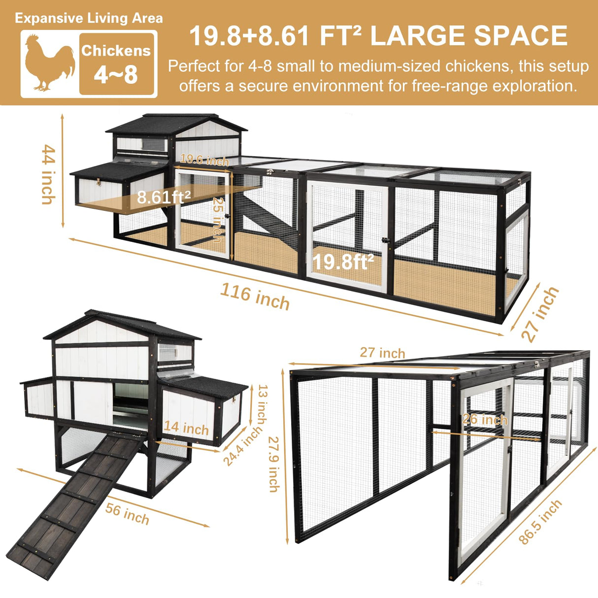 PetsCosset 116" L Large Chicken Coop and Run, Hen House with 4 Nesting Box Boxes, Rabbit Hutch Poultry Bunny Cage for 4-6 Chickens with 4 Perches, Removable Tray and Ramp and UV-Resistant Roof Panel PetsCosset