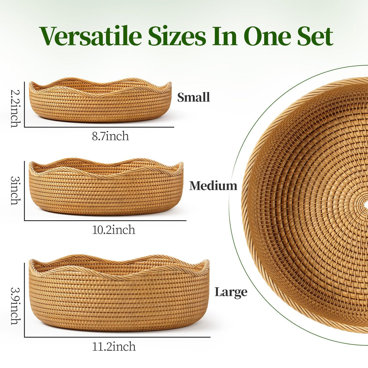 LAVNTM Rattan Bread Basket, 3 Pack Hand Woven Round Fruit Baskets for Serving, Picnic Basket, Wicker Storage for the Living Room Kitchen (Honey Brown) LAVNTM