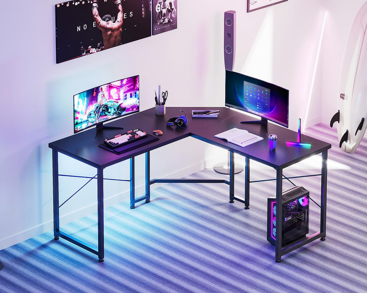 Casaottima 51 Inch L Shaped Gaming Desk, Compact Corner Computer Table, Writing Workstation for Small Spaces, Home Office & Streaming Setup, Easy Assembly, Carbon Fiber Surface, Pure Black Casaottima