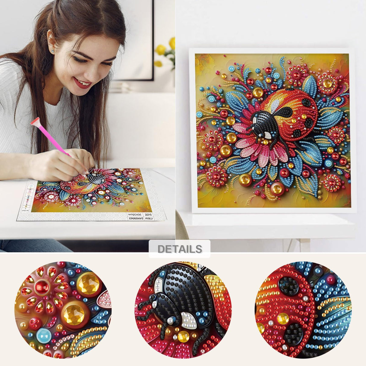 Sanjee 5D Special Shape Diamond Art Kits for Beginners, Ladybug Diamond Painting Kits for Adults, Crystal Rhinestones Diamond Painting for Home Wall Decoration Gift, 12×12inch Sanjee