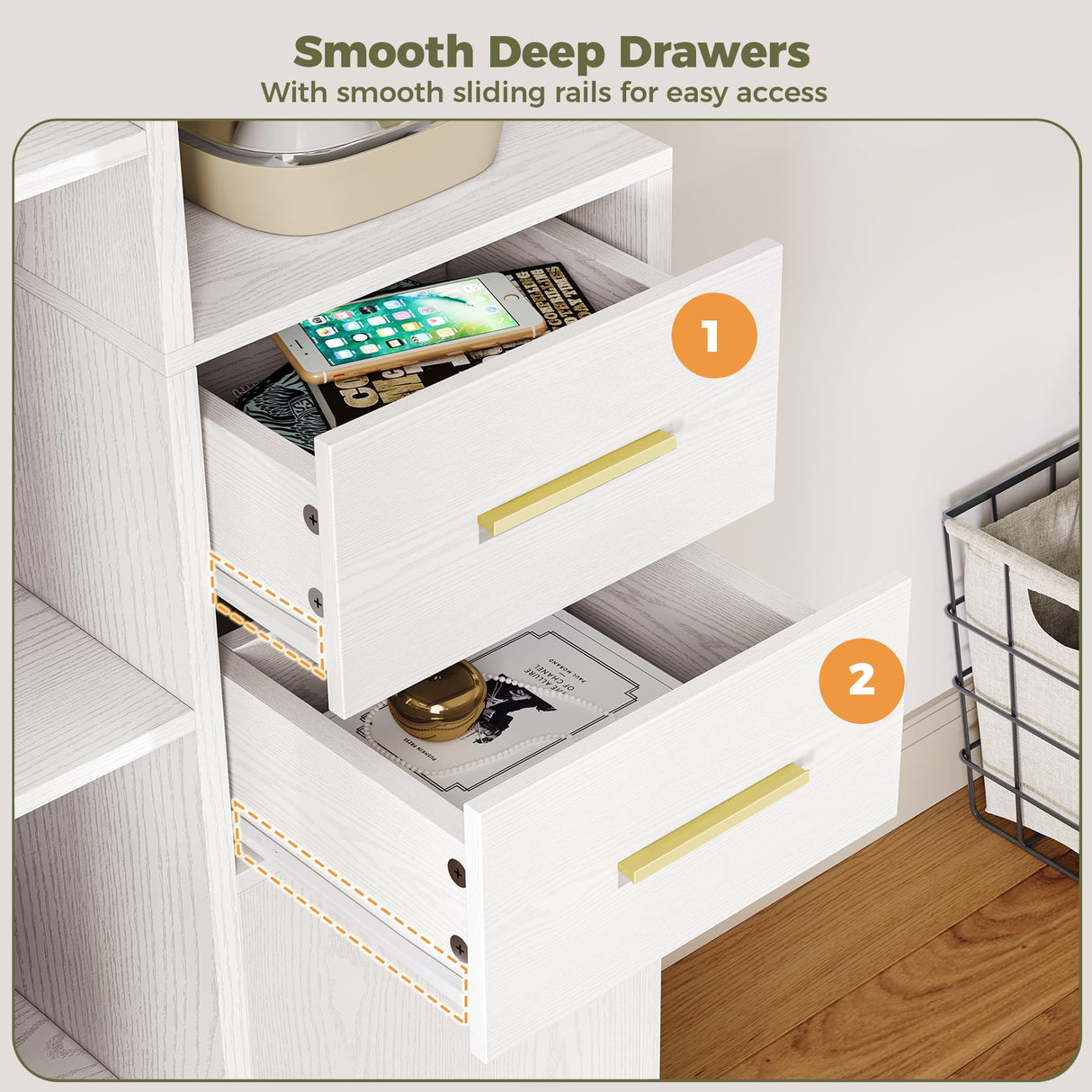 IRONCK Corner Bookshelf, 76" Tall Corner Bookshelves, 6 Tiers L-Shaped Bookcase with 10 Open Shelves and 2 Storage Drawers for Living Room or Home Office IRONCK