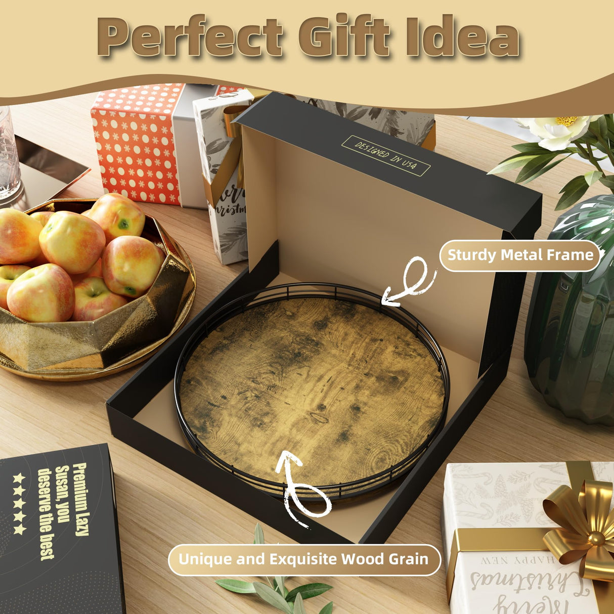 Lazy Susan Turntable Organizer for Table Top, 13’’ Round Wooden Lazy Susan for Cabinet Kitchen Countertop Pantry Dining Coffee Table for Condiments Spices, Rustic Bathroom Vanity Tray for Soap Candle HGF