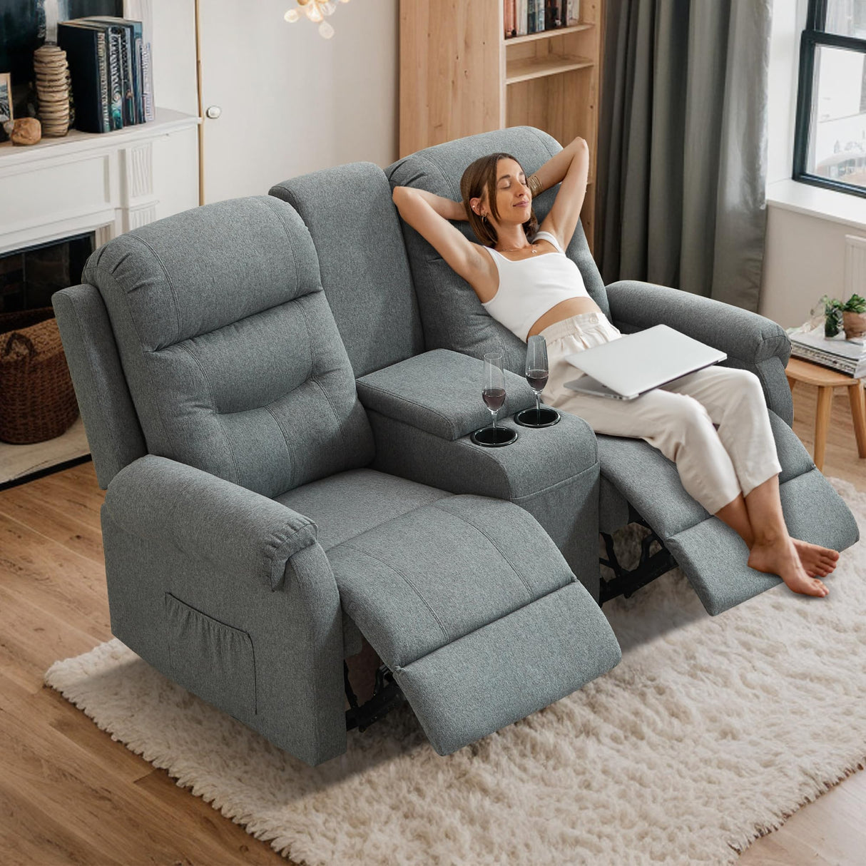 DRMBOOK RV Loveseat Recliner Sofa, Linen Double Wall Hugger Reclining Sofa with Console, Home Movie Theater Seating Chair with Cup Holders, Oversized 2 Person Couch Furniture for Living Room, Grey DRMBOOK