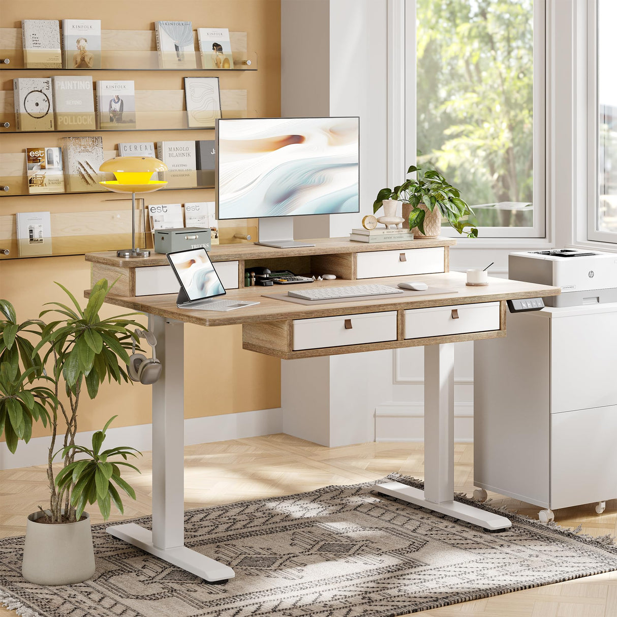 TIQLAB 48 * 28 Inch Standing Desk with Four Drawers, Electric Sit Stand Table, Stand Up Desk Adjustable Height with Storage Shelf, Splice Board, Maple TIQLAB