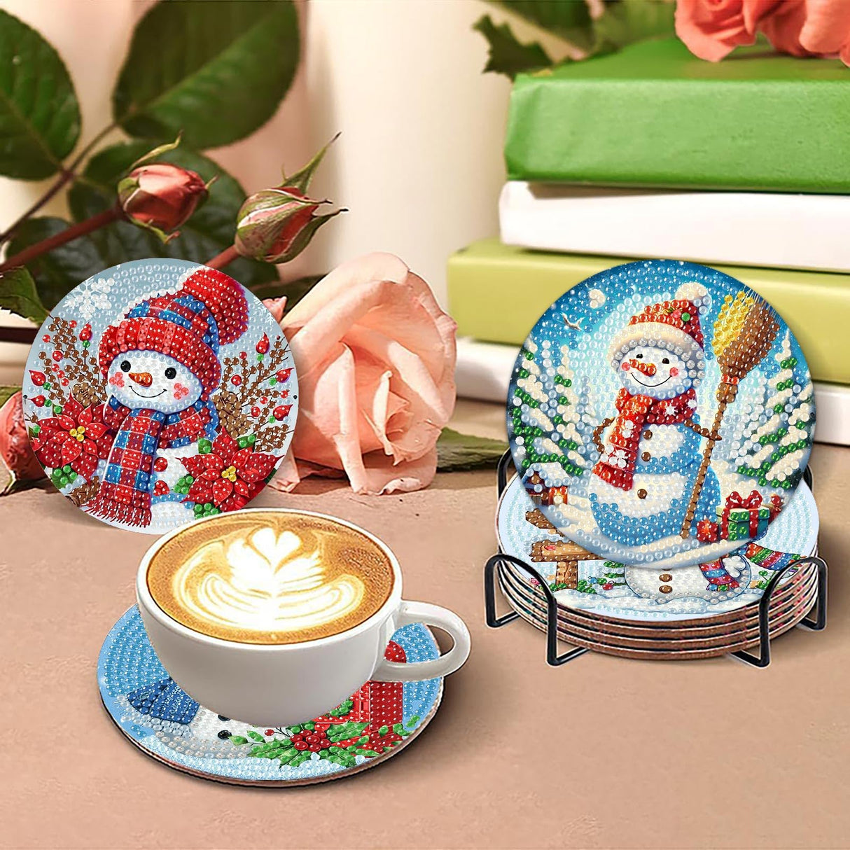 8 PCS Christmas Diamond Art Coasters Kit, Snowman Diamond Painting Coasters with Holder, Winter Diamond Art Kits for Adults Beginners, Arts and Crafts Supplies tigdtiu