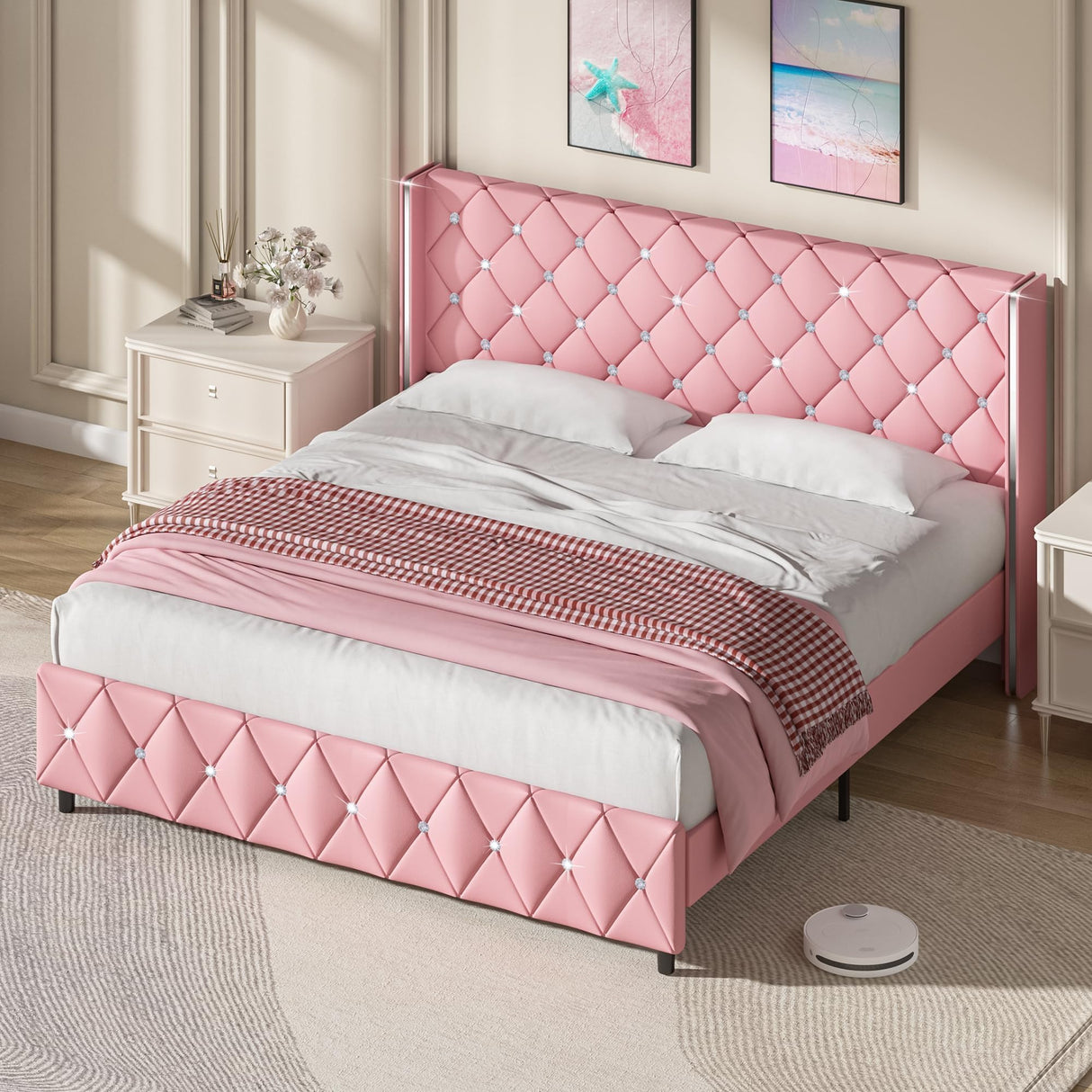 HOMBCK King Upholstered Bed Frame with Headboard, Faux Leather Platform Bed with Wingback Design, Modern Diamond Bed Frame with Tufted Deep Button, No Box Spring Needed, Easy Assembly, Pink HOMBCK