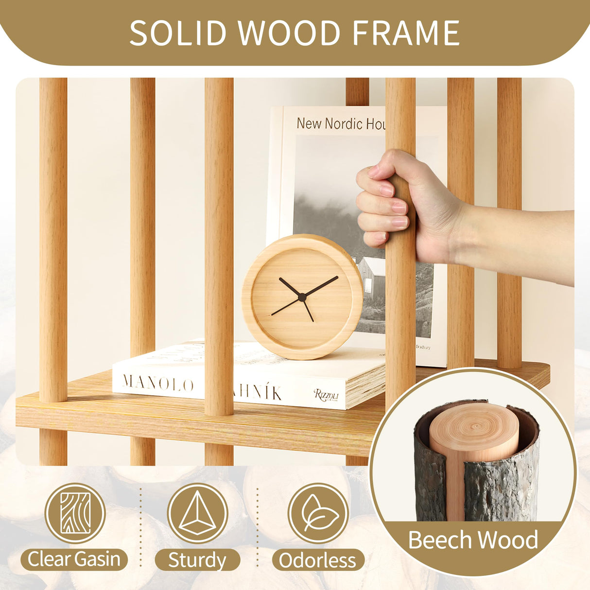 IOTXY 4-Tier Rotating Bookshelf Tower - Beech Wood Frame Spinning Bookcase with Storage Base, Tall Freestanding Revolving Shelf Organizer, Oak IOTXY