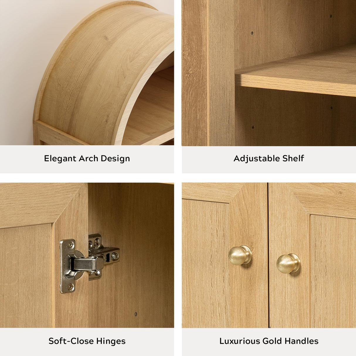 Proomeeir Tall Arched Bookcase with Doors, 71" Modern Farmhouse Storage Cabinet, Adjustable 5-Tier Book Shelf Kitchen Pantry Display Organizer for Living Room Dining Room Natural Oak Proomeeir