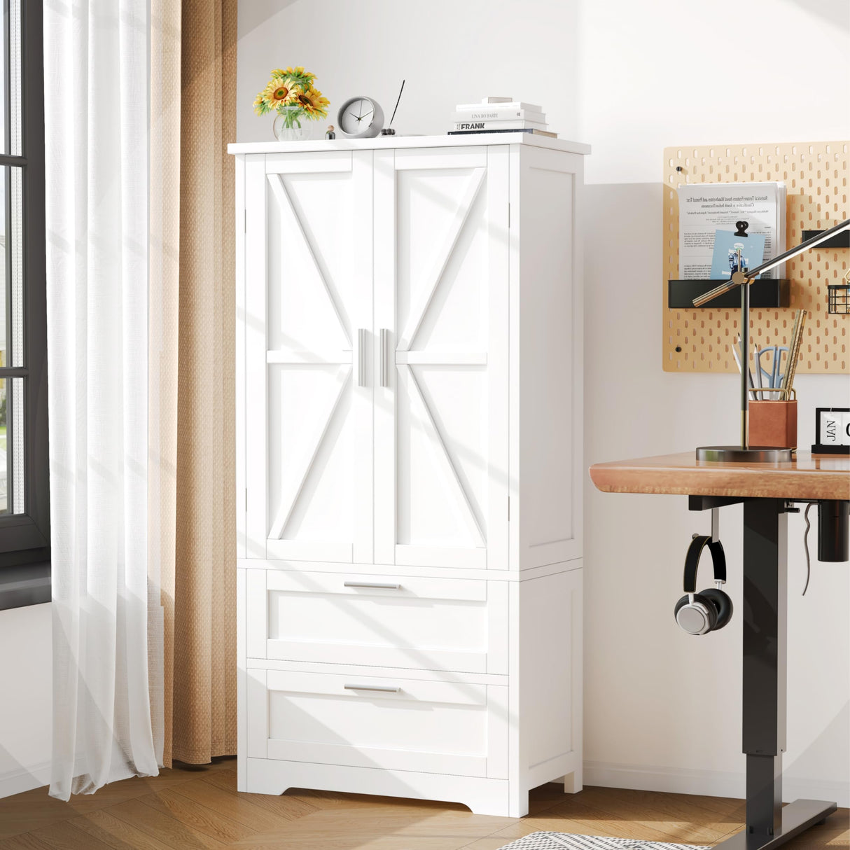 Keehusux 50.4" H Bathroom Storage Cabinet, Modern Floor Cabinet with Adjustable Shelf, Small Pantry with 2 Doors & Drawers, Storage Cabinet for Bathroom, Living Room, Kitchen, White KES007WCWG Keehusux