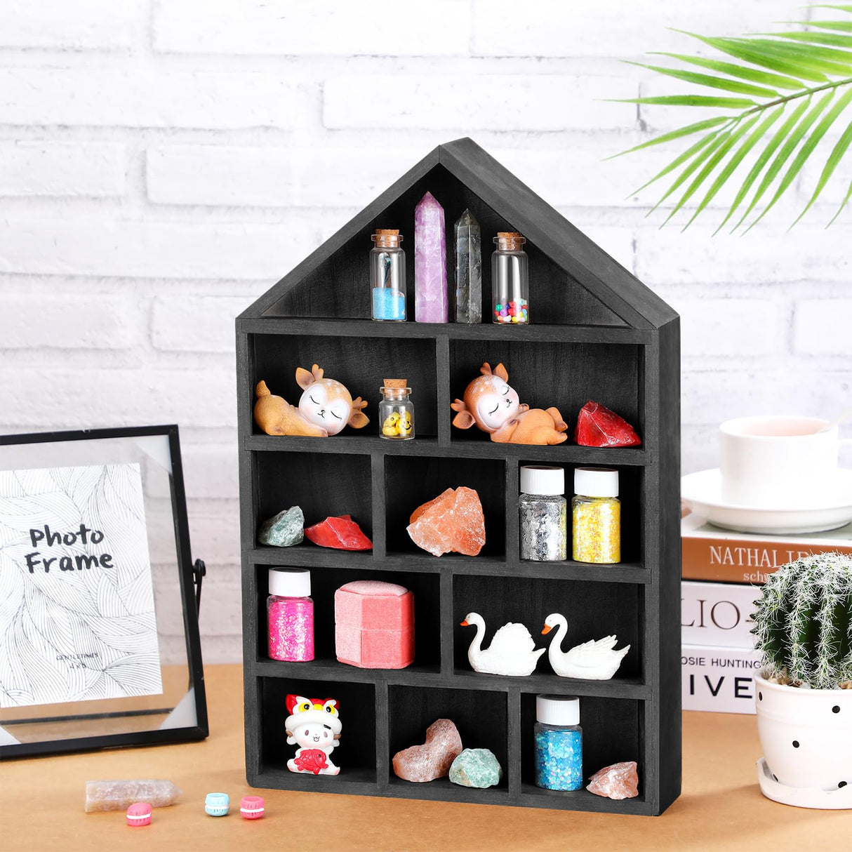 Threehoney House Shaped Wooden Shadow Cubby Box 10 W x 2 1/4 D x 15 H Hanging Display Shelf Organizer Wall Mounted Curio Cabinet Wooden Display Case Miniature Display Shelf for Figures (Black) Threehoney