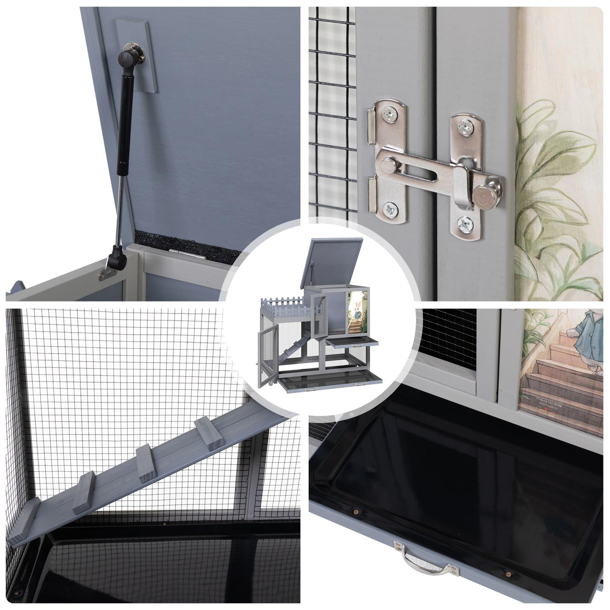 cozivvovv Wood Rabbit Hutch with Balcony - Small Animal House Bunny Cage on Wheels for Indoor Outdoor, Rabbit Cage Included Ramp, Pull Out Tray, (Grey with Pattern) COZIVVOVV