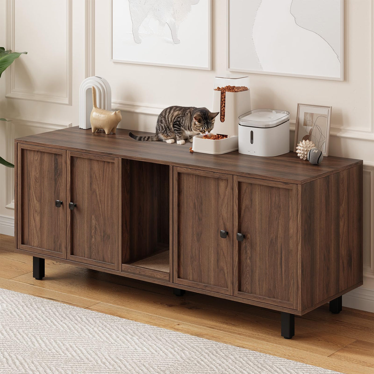 59 Inches Cat Litter Box Enclosure for 2 Cats, Hidden Litter Boxes Furniture with Cat Scratch Pad, Large Indoor Pet House with Double Room, Wooden TV Stand Side Table, Walnut ONBRILL