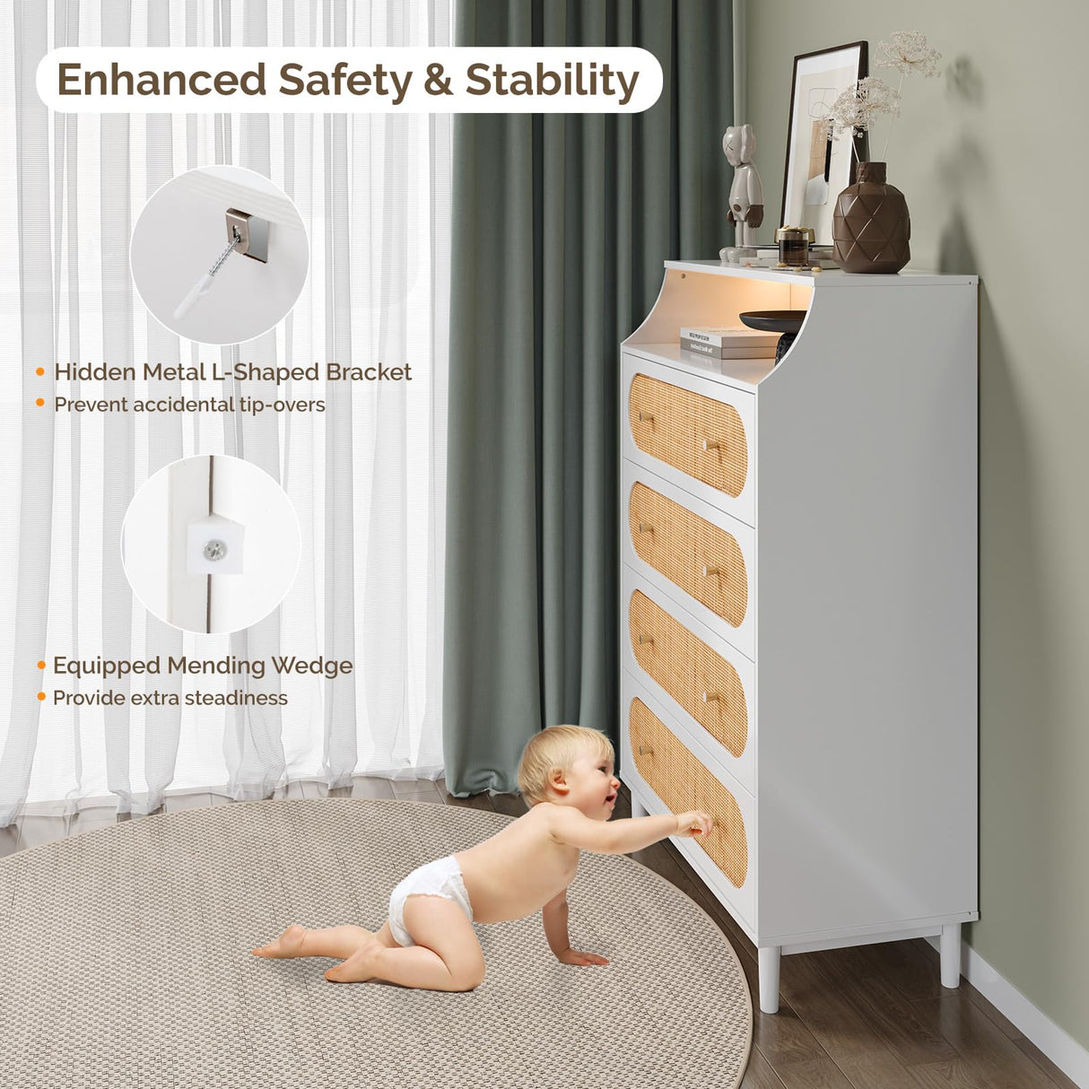 VINGLI White Rattan Dresser with LED Lights, Tall Dresser, Rattan Chest of Drawers for Bedroom, Vertical 4 Drawer Dressers for Bedroom, Boho VINGLI