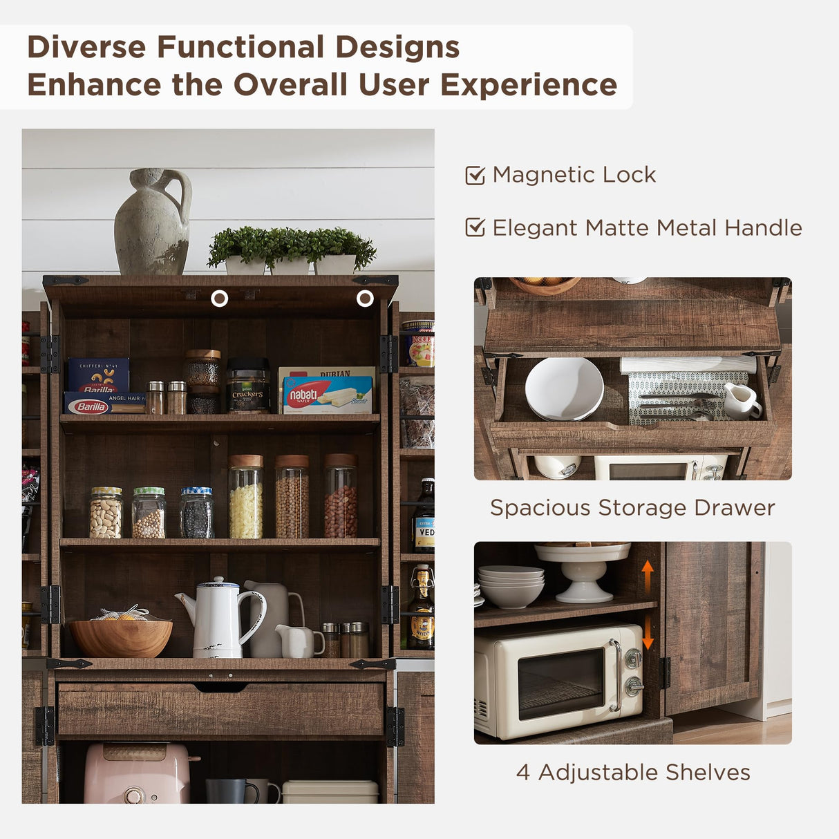 ACCOHOHO 72" Tall Kitchen Pantry, Farmhouse Storage Cabinet with Barn Doors, Organizer, Drawer and Adjustable Shelves, Rustic Wood Cupboard for Kitchen, Dining Room, Bathroom, Rustic Brown ACCOHOHO